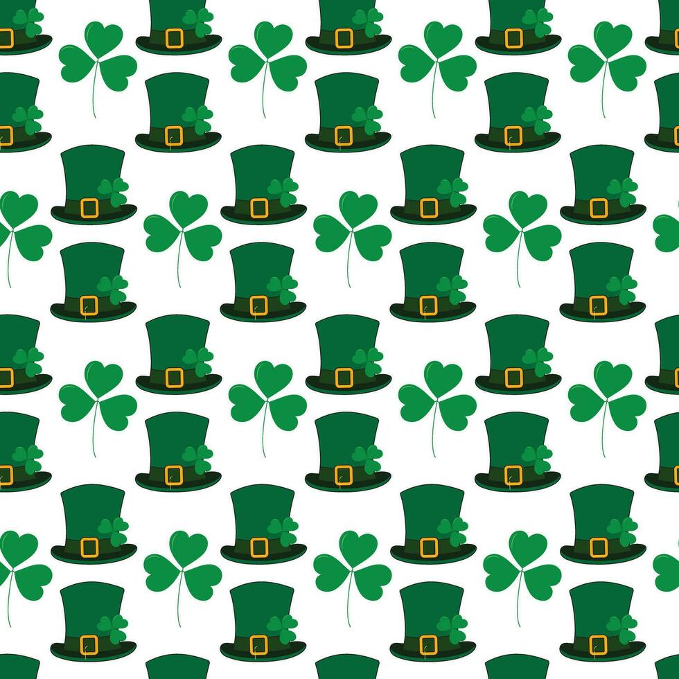 Shamrocks and Leprechaun hat with ribbon buckle seamless pattern design concept for St. Patricks Day vector