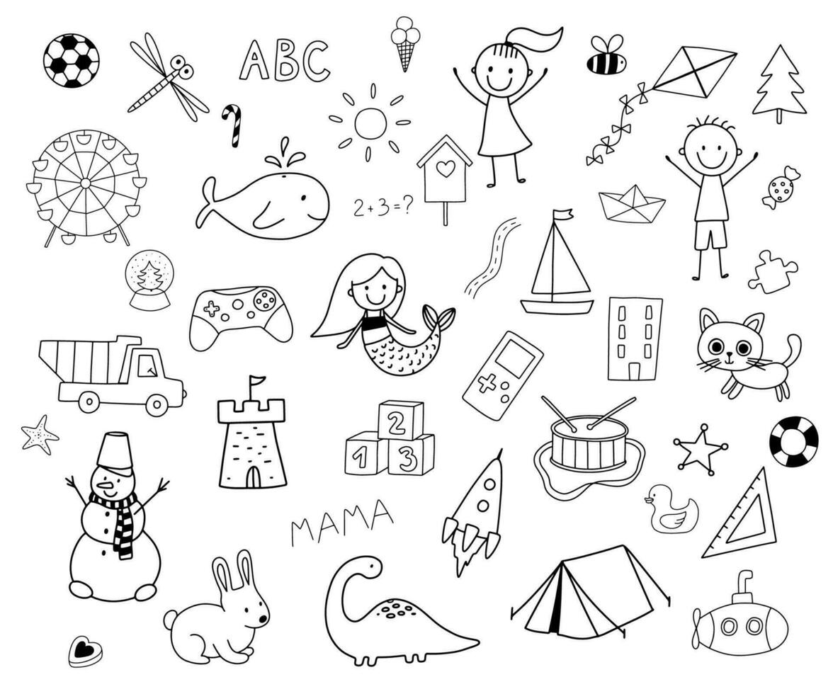 Doodle illustration of kite, whale, snowman and mermaid isolated on white background. Simbol of childhood. Line sketch set for coloring book vector