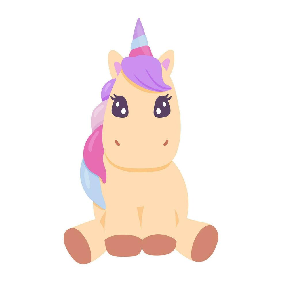 Fantasy cartoon illustration with cute baby sitting unicorn for textile design. Vector colorful little unicorn isolated on white background.