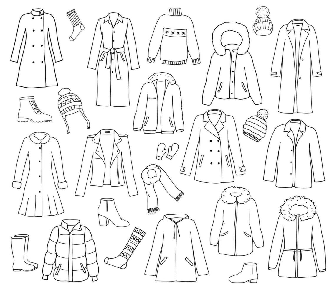 Set of winter and autumn clothes and shoes. Doodle coat, jumper, hat and down jacket. Outline illustrations isolated on white vector