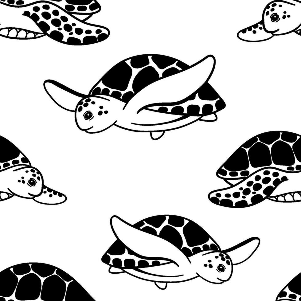 Swimming turtles hand drawn vector monochrome seamless pattern on white background. Sea or ocean underwater life background