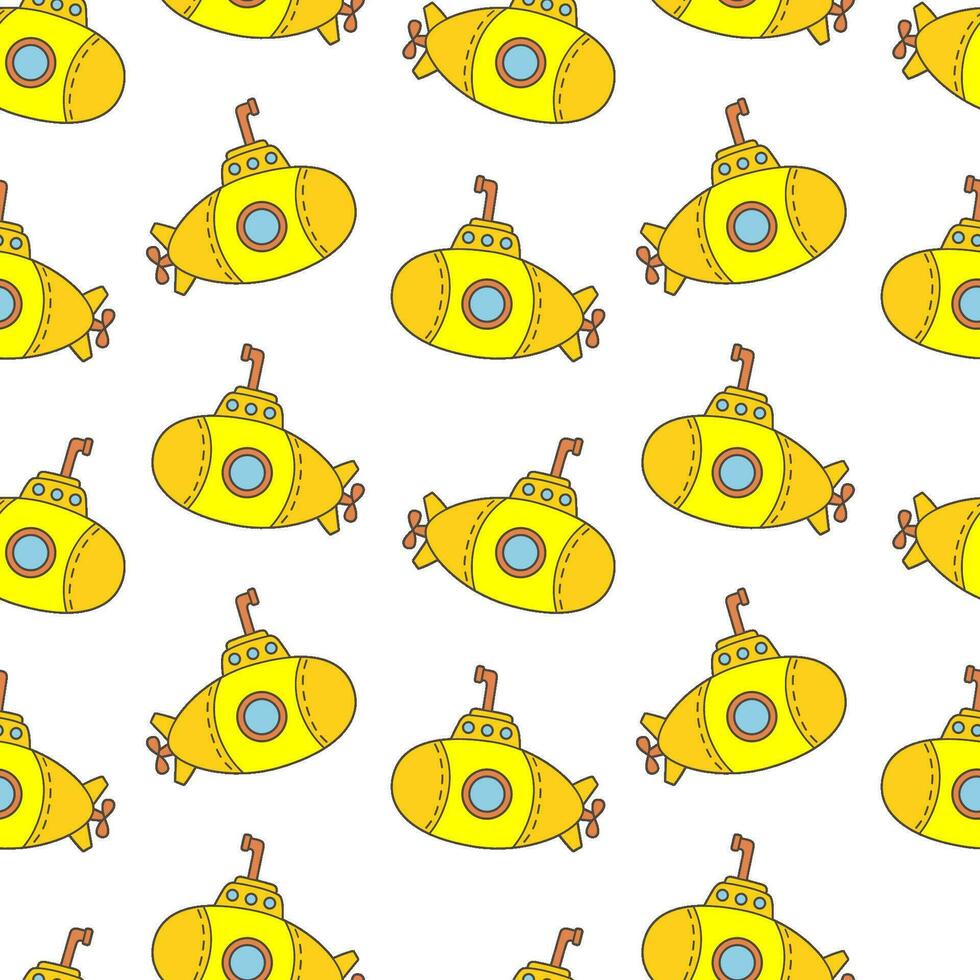Seamless hand drawn pattern with stylized cute submarine. Vector cartoon endless pattern for textiles or fabric for newborns.
