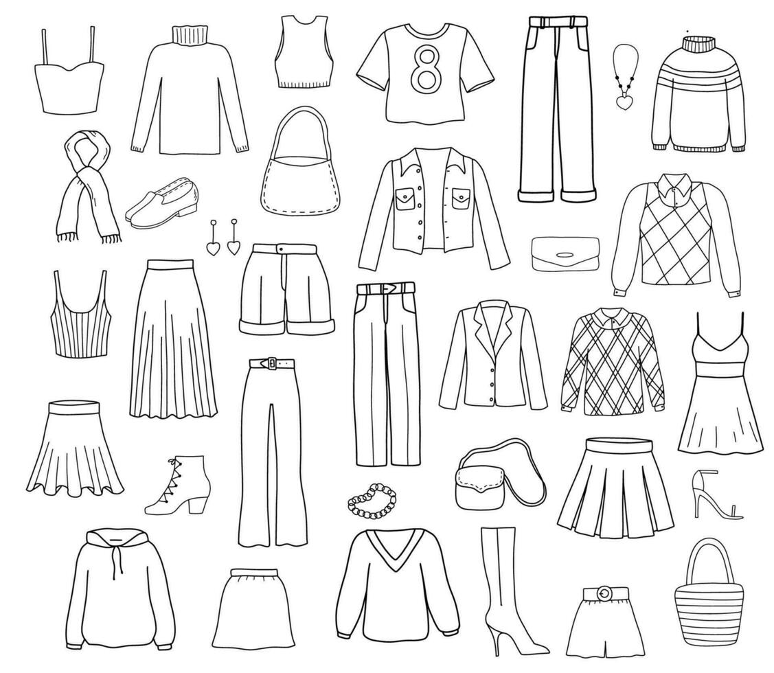 Funny clothes doodle set. Line sketch of denim jacket, jeans, pants, t-shirt, shoes, skirt isolated on white vector