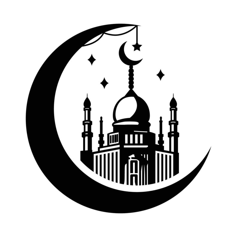 Ramadan mosque and crescent moon hand drawn vector