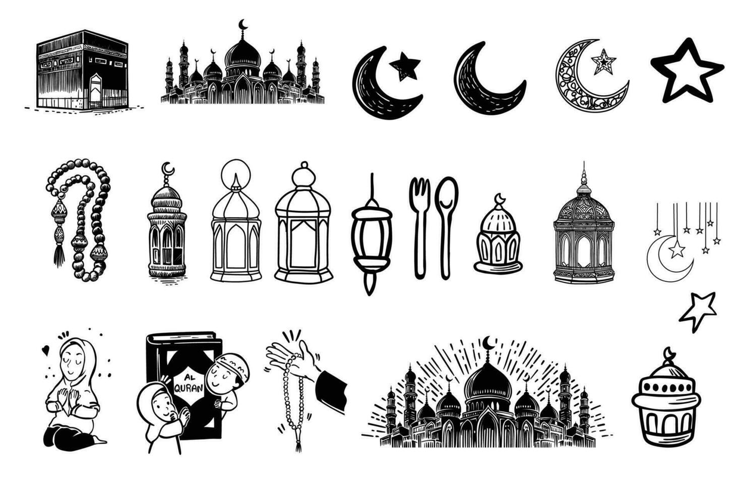 Set of hand drawn Ramadan holy month related. Doodle Vector illustration.