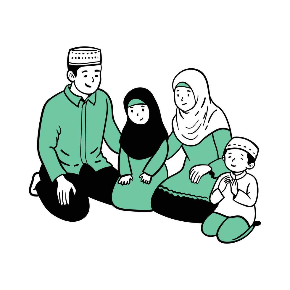 Muslims family praying in Ramadan, Hand drawn vector