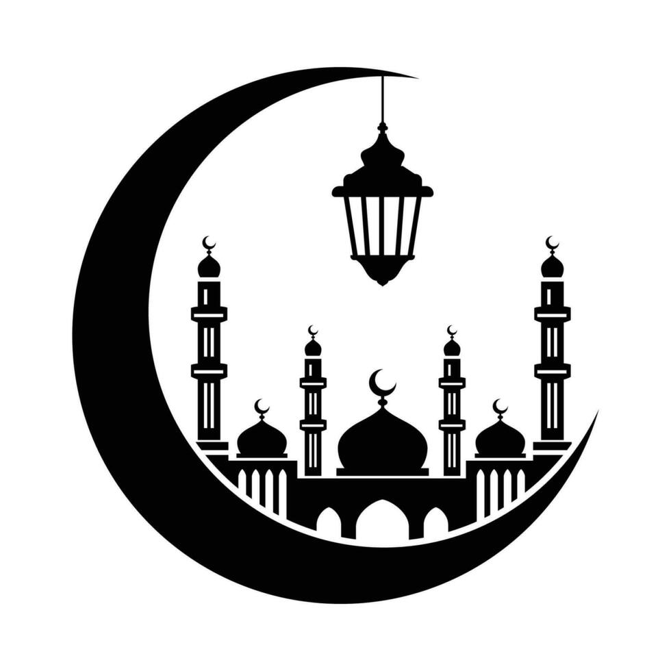 Ramadan mosque and crescent moon hand drawn vector