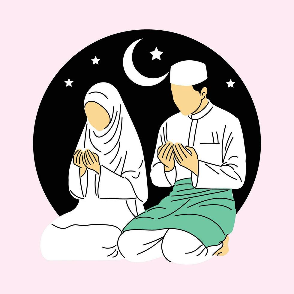 Muslims family praying in Ramadan, Hand drawn vector