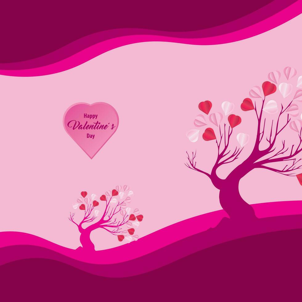 Valentine's day concept love illustration of tree with heart shaped leaves growing in paper cut style. vector