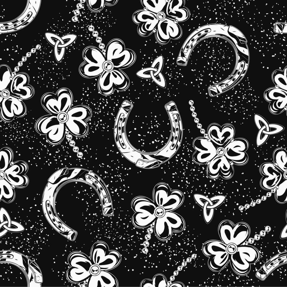 St Patricks day seamless pattern with clover, lucky shamrock, Triskele Celtic knot, horseshoe amulet. Vintage festive illustration on black textured background for prints, textile, surface design vector