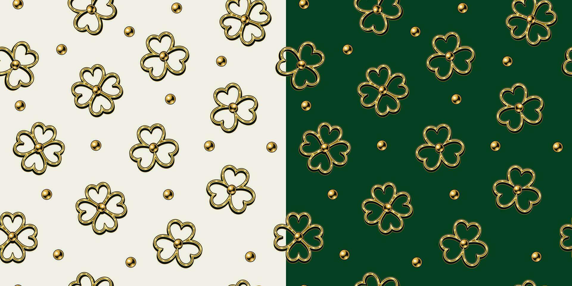 Seamless patterns with scattered beads, shamrocks leaves like golden jewel pendants. St Patricks Day design on white, dark background. Vintage illustration for prints, clothing, surface design vector