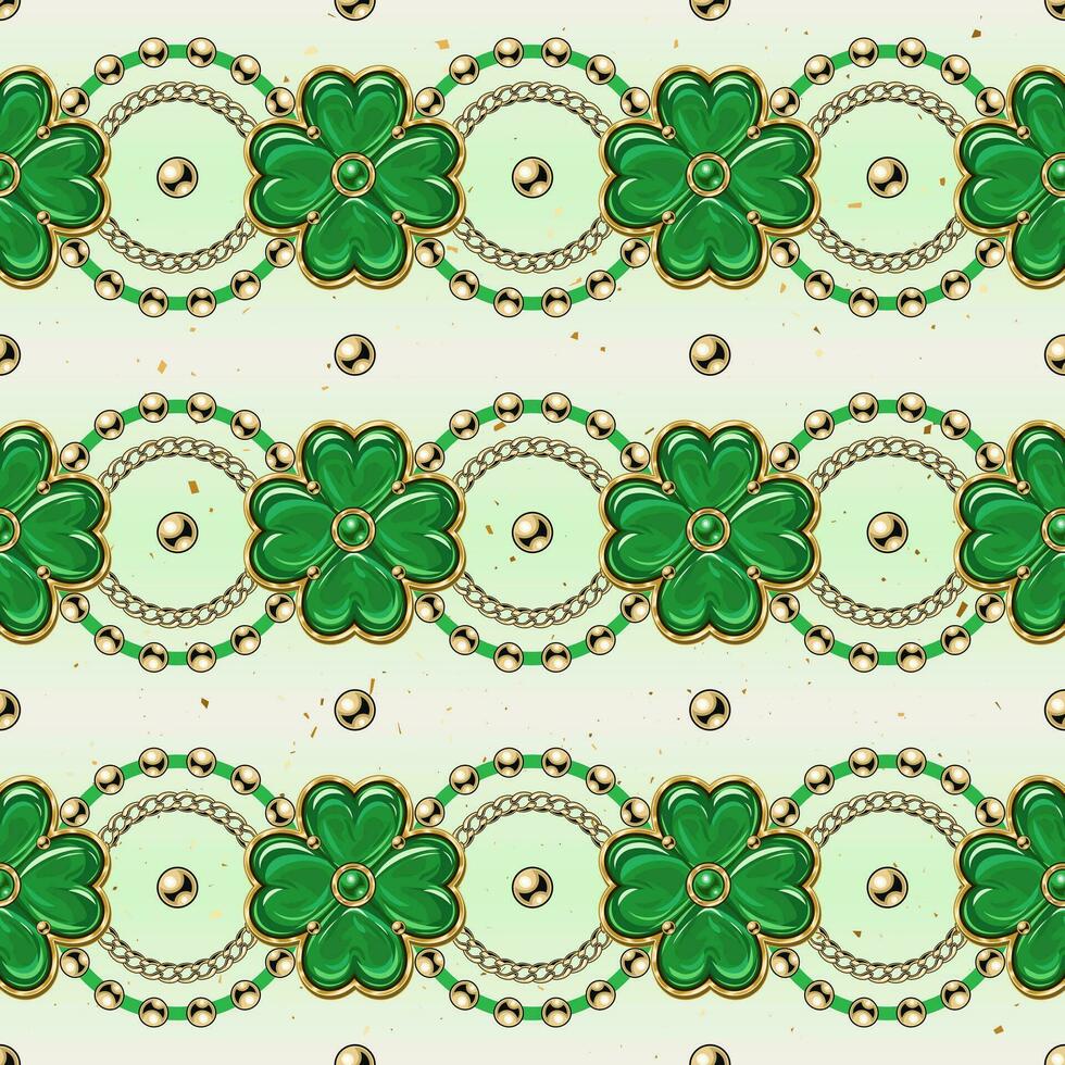 Geometric St Patricks day pattern with jewelry golden chains, beads, charms like lucky 4 leaves shamrock. Horizontal stripes with circles, clovers. Vintage illustration on white background vector