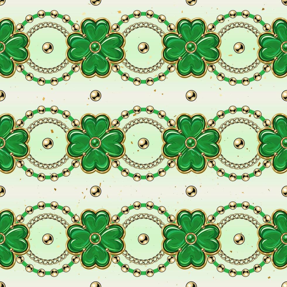 Geometric St Patricks day pattern with jewelry golden chains, beads, charms like lucky 4 leaves shamrock. Horizontal stripes with circles, clovers. Vintage illustration on white background vector