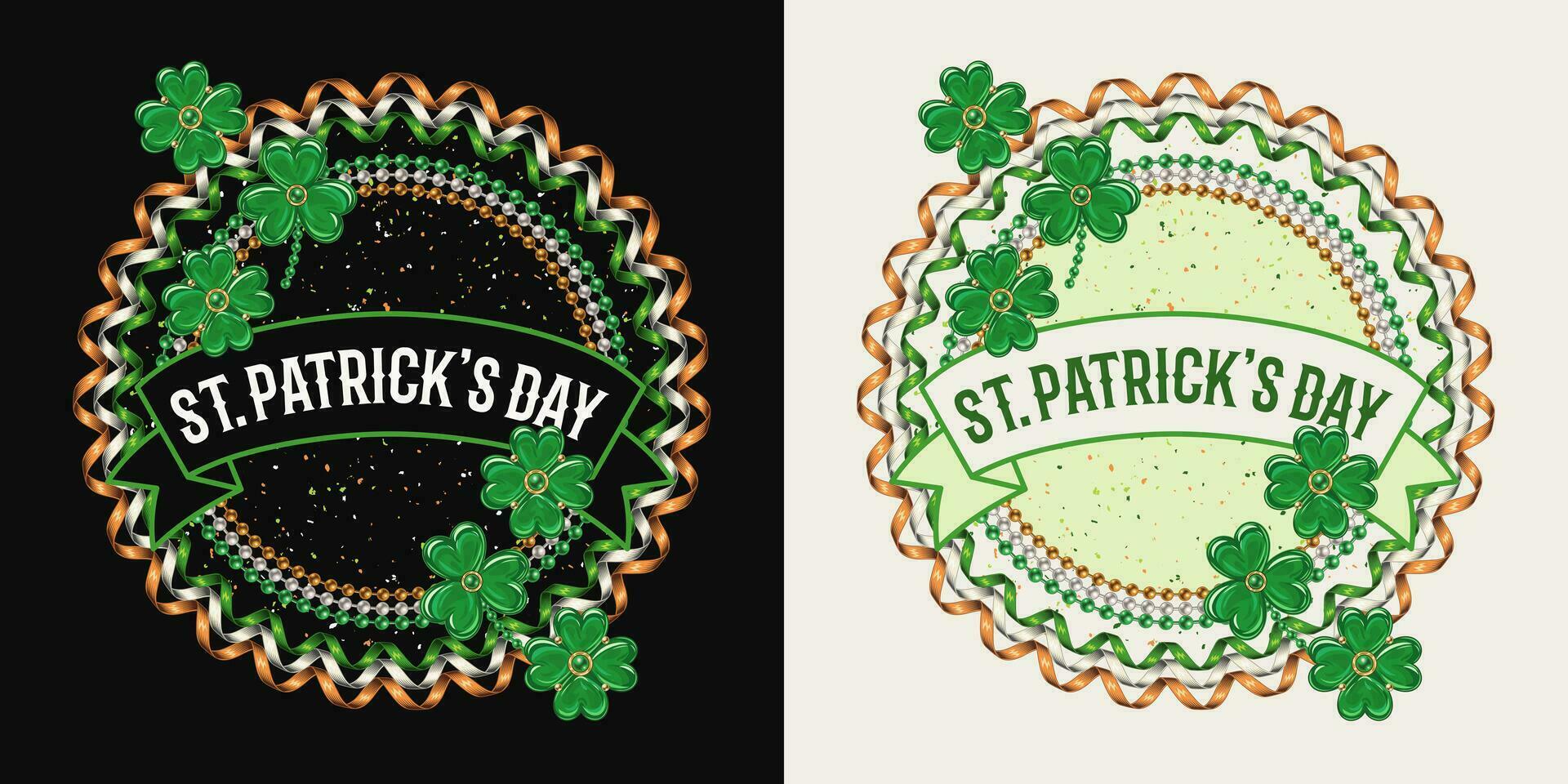 Circular label with bead strings, party streamer, clover, lucky shamrock leaves, ribbon with text. Vintage illustration for St Patrick. For prints, clothing, t shirt, holiday goods, stuff design. vector