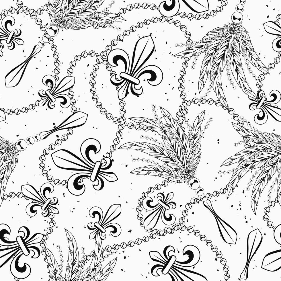 Seamless black and white pattern with fleur de lis symbol, strings of beads, feathers. Mardi Gras carnival design. Vintage illustration for prints, clothing, surface design vector