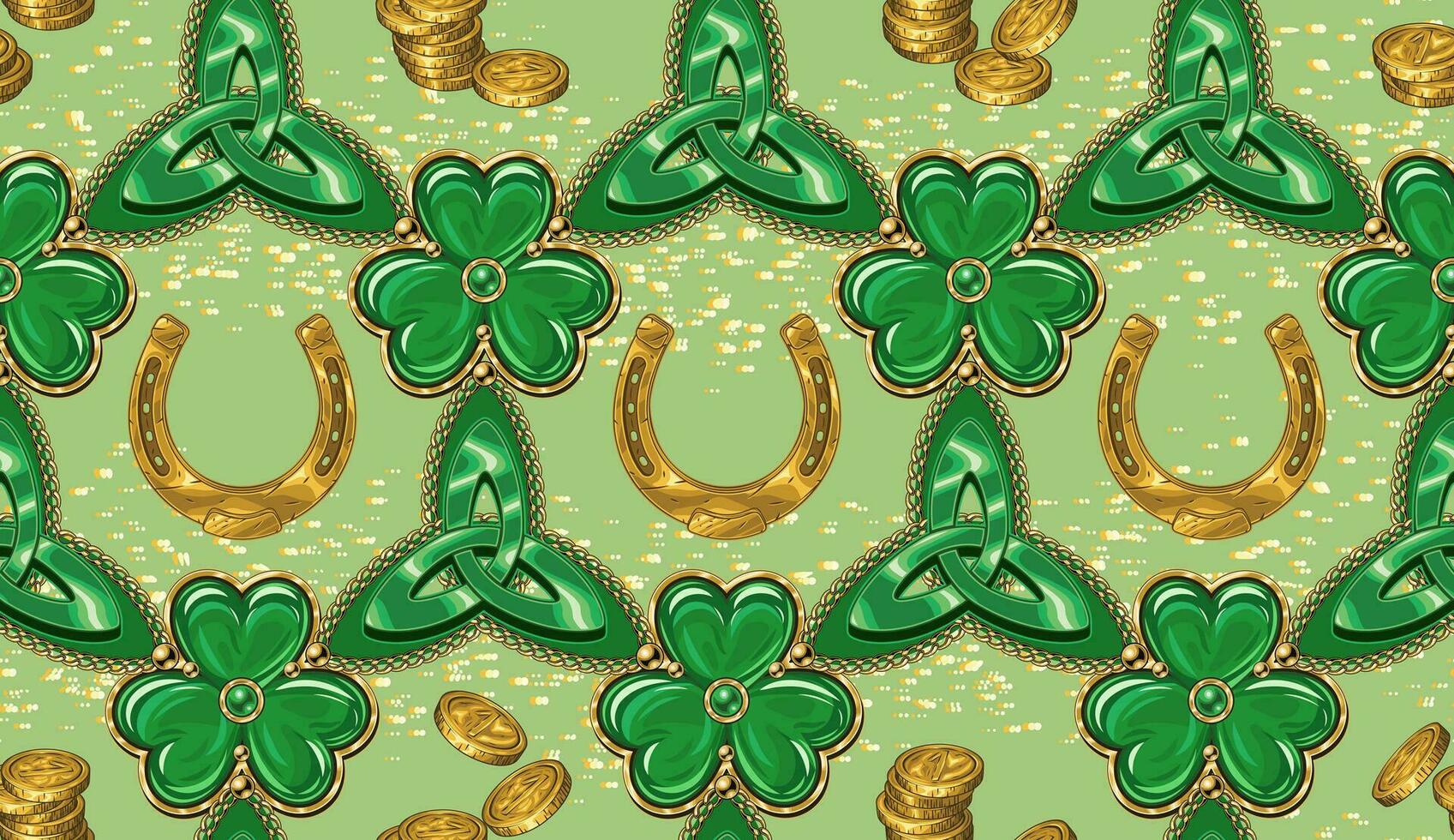 Geometric St Patricks day pattern with celtic triskele sign, golden horseshoe, coins, clover, shamrock like jewelry charms made of green enamel in golden frame. vector