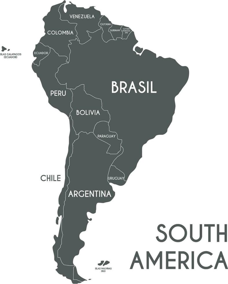 Political South America Map vector illustration isolated on white background with country names in spanish. Editable and clearly labeled layers.