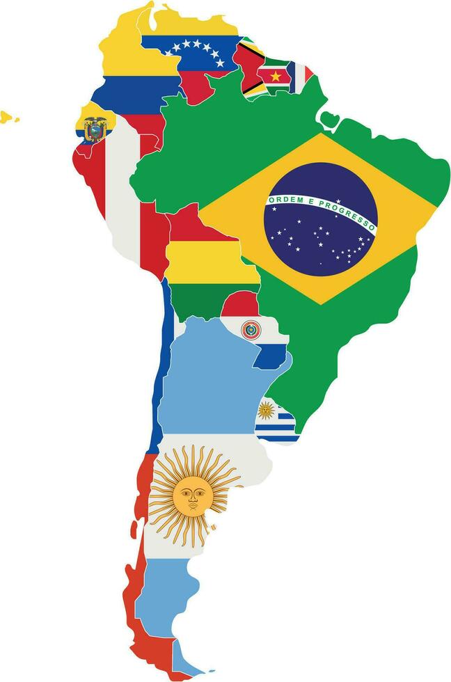 Political South America Map vector illustration with the flags of all countries. Editable and clearly labeled layers.