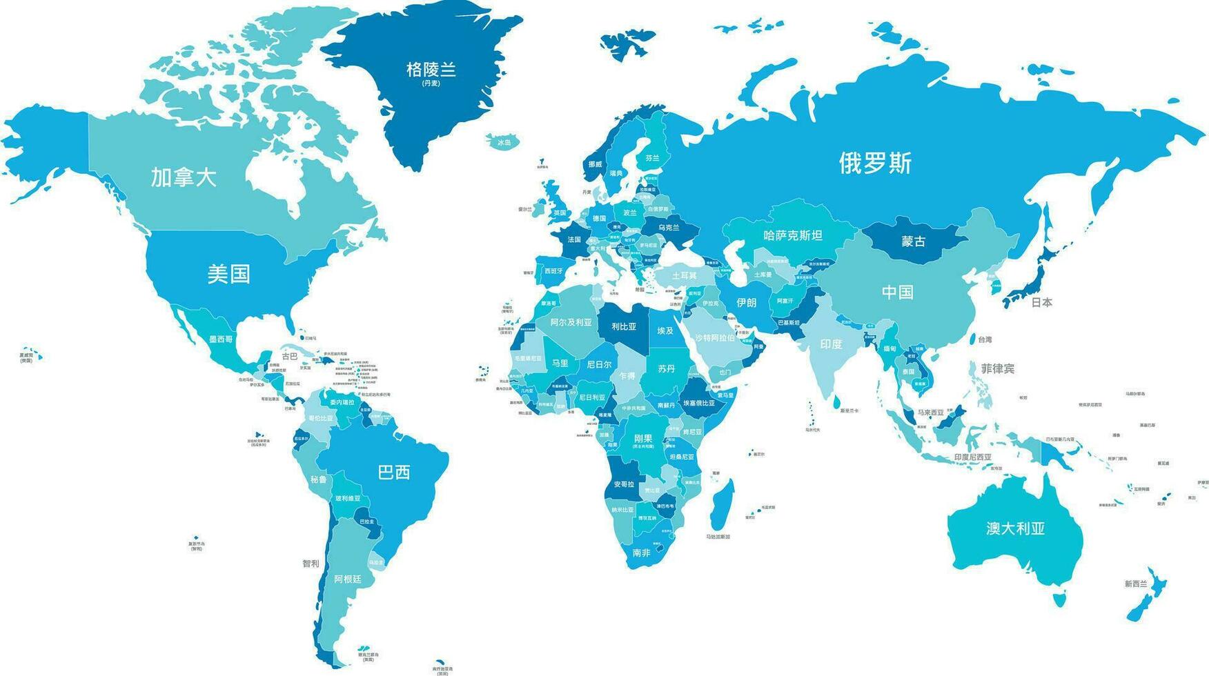 Political World Map vector illustration with different tones of blue for each country and country names in chinese. Editable and clearly labeled layers.