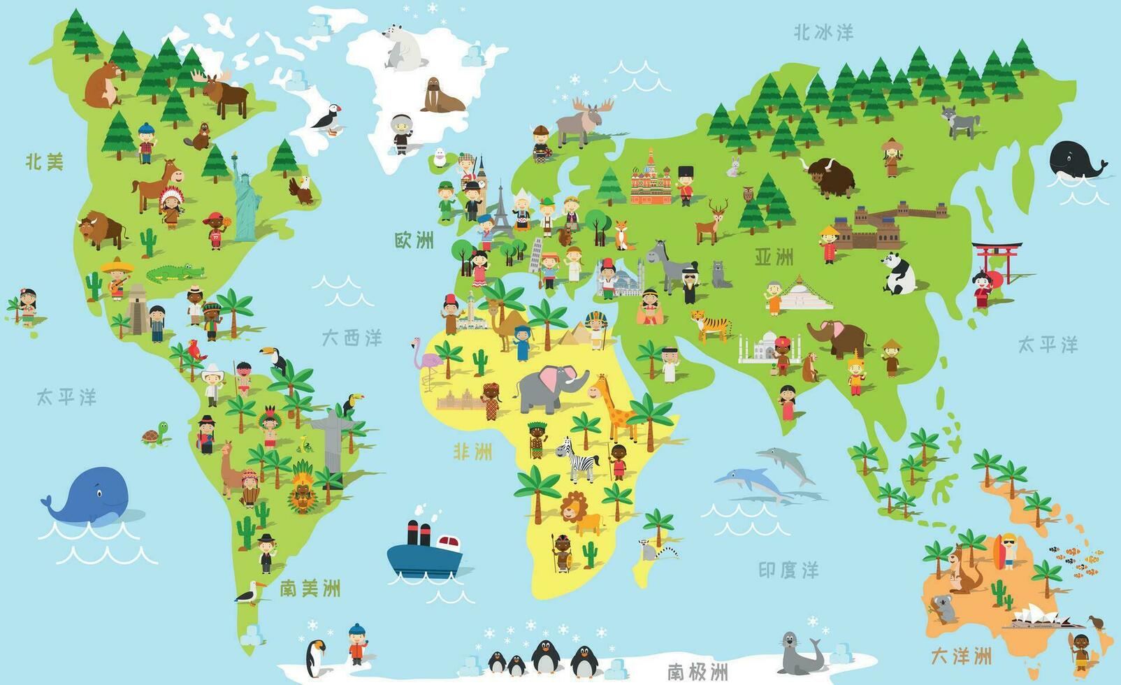 Funny cartoon world map with childrens of different nationalities, animals and monuments of all the continents and oceans. Names in chinese. Vector illustration for preschool education.