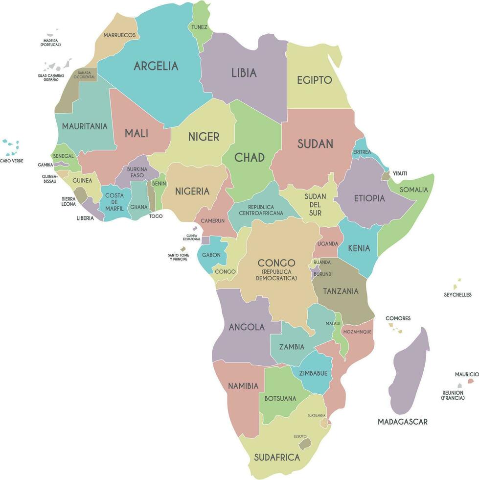político África mapa vector ilustración aislado en blanco antecedentes con país nombres en español. editable y claramente etiquetado capas.