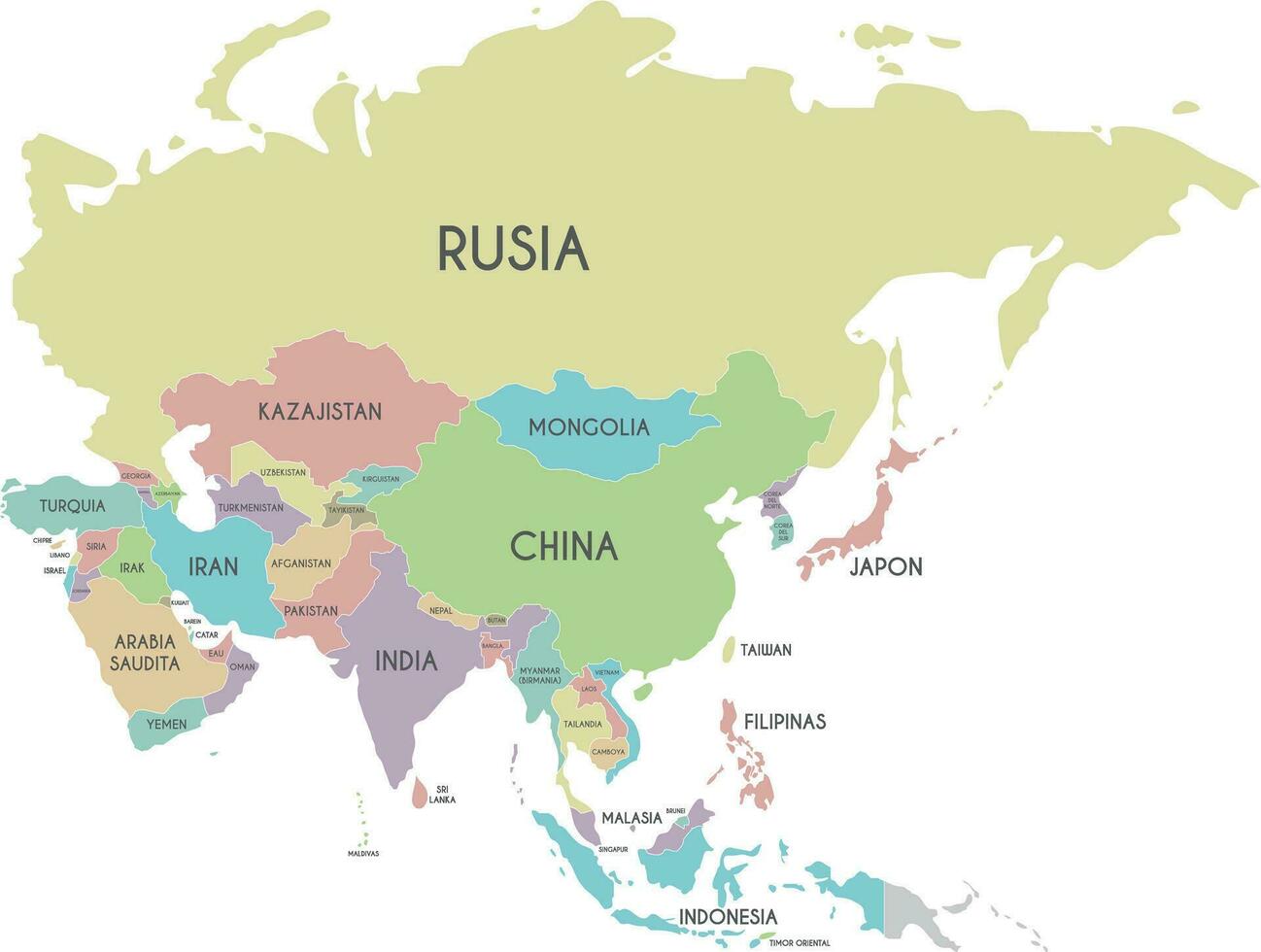 Political Asia Map vector illustration isolated on white background with country names in spanish. Editable and clearly labeled layers.