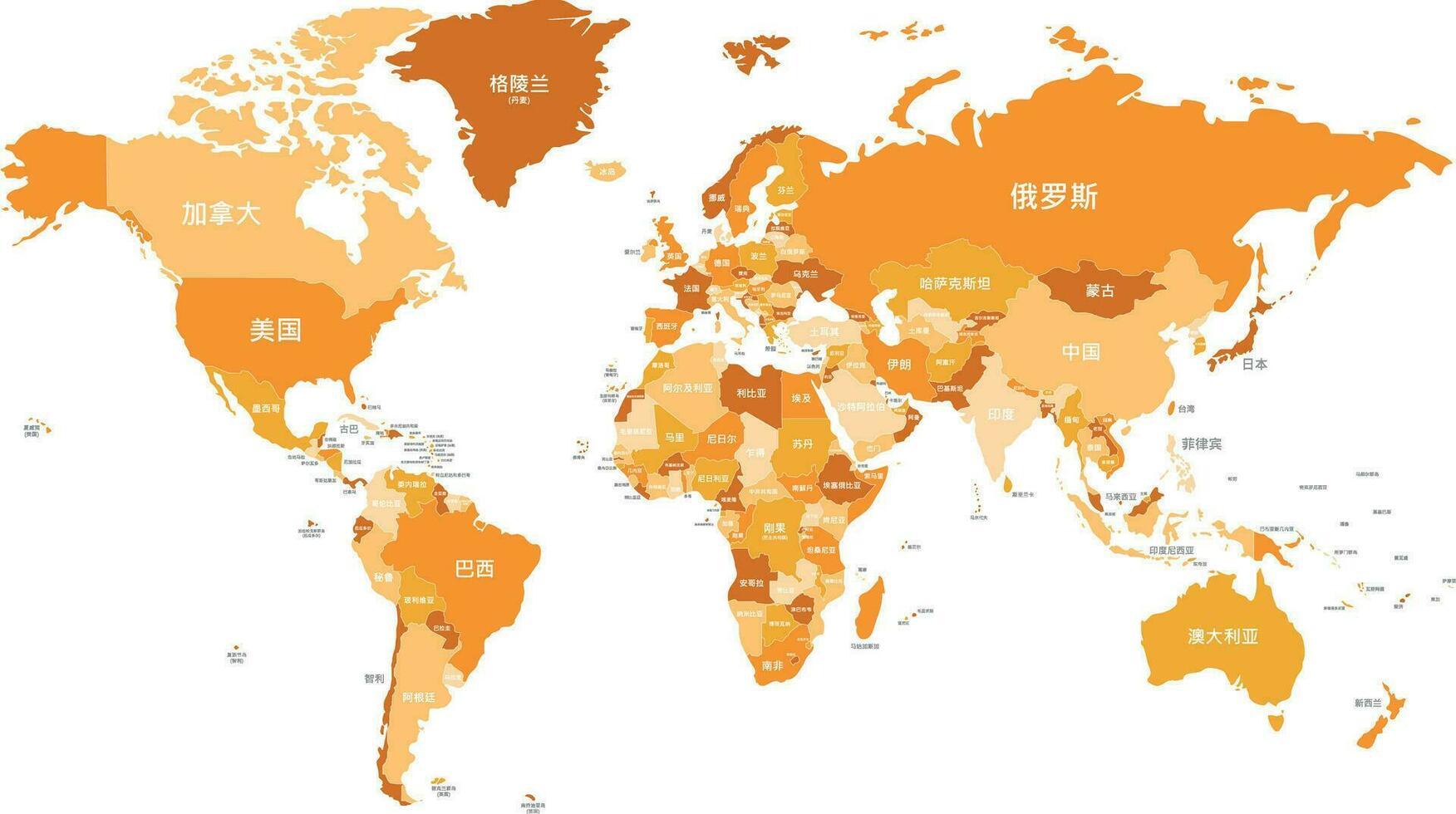 político mundo mapa vector ilustración con diferente tonos de naranja para cada país y país nombres en chino. editable y claramente etiquetado capas.