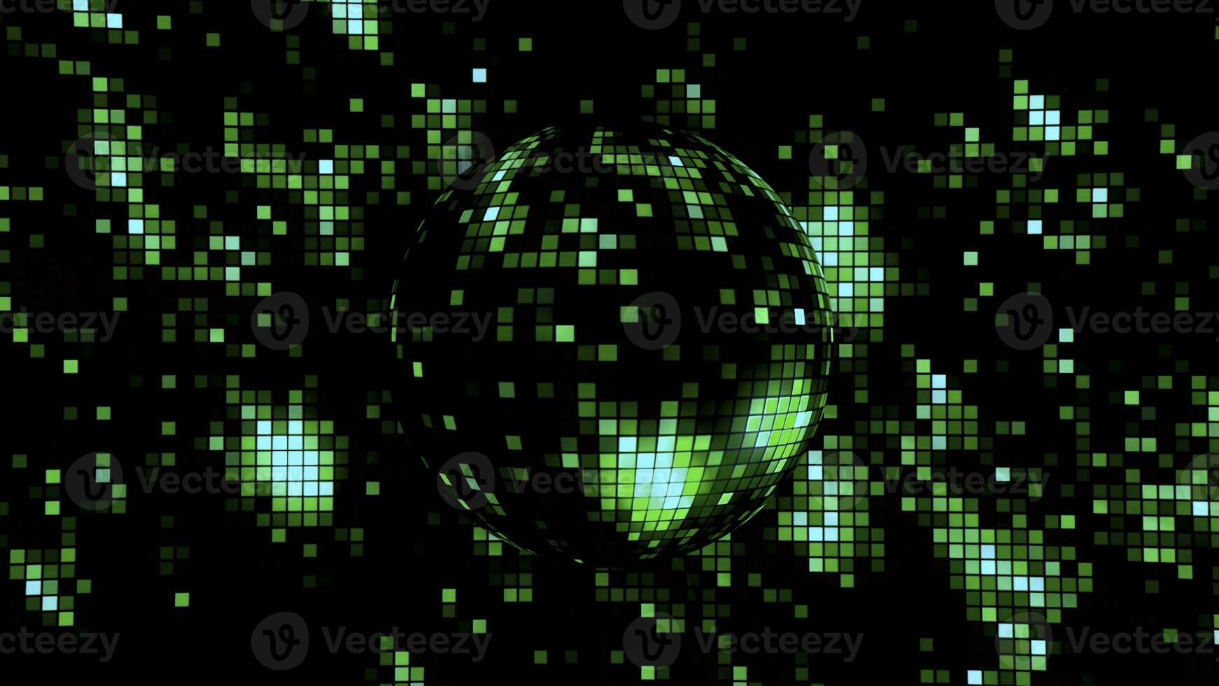 Abstract green and black pixelated background with the silhouette of a rotating sphere. Motion. Shimmering pattern of colorful particles, seamless loop. photo