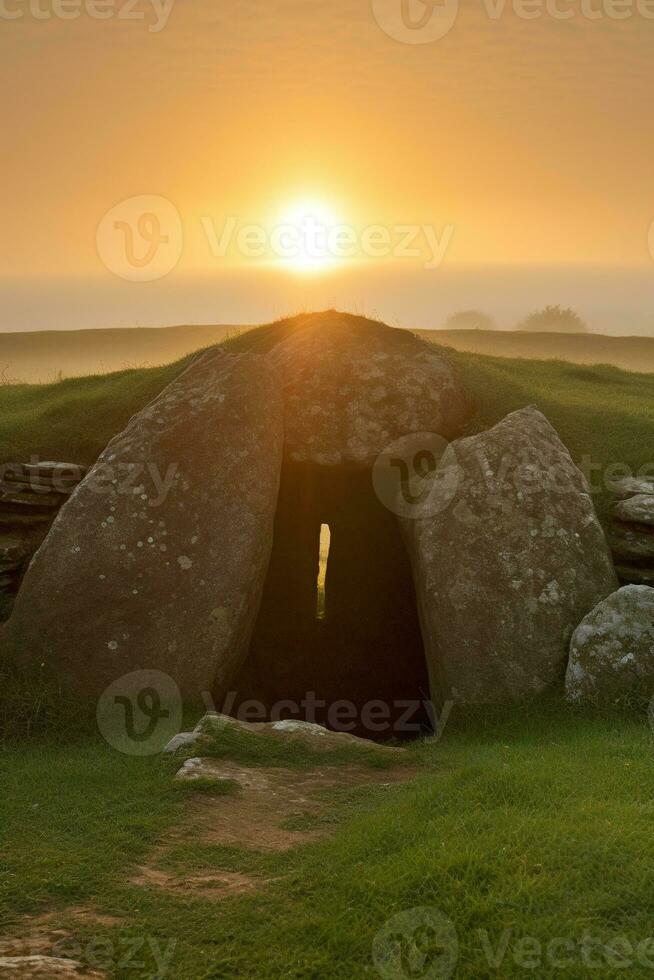 AI generated Sunrise over a megalithic tomb photo