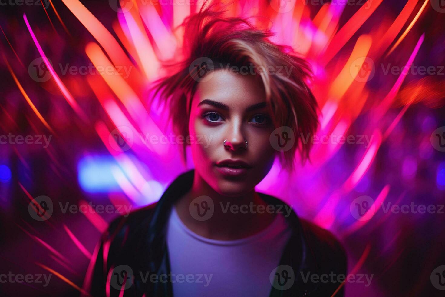 AI generated Portrait of a beautiful girl with short hair dancing in a nightclub photo