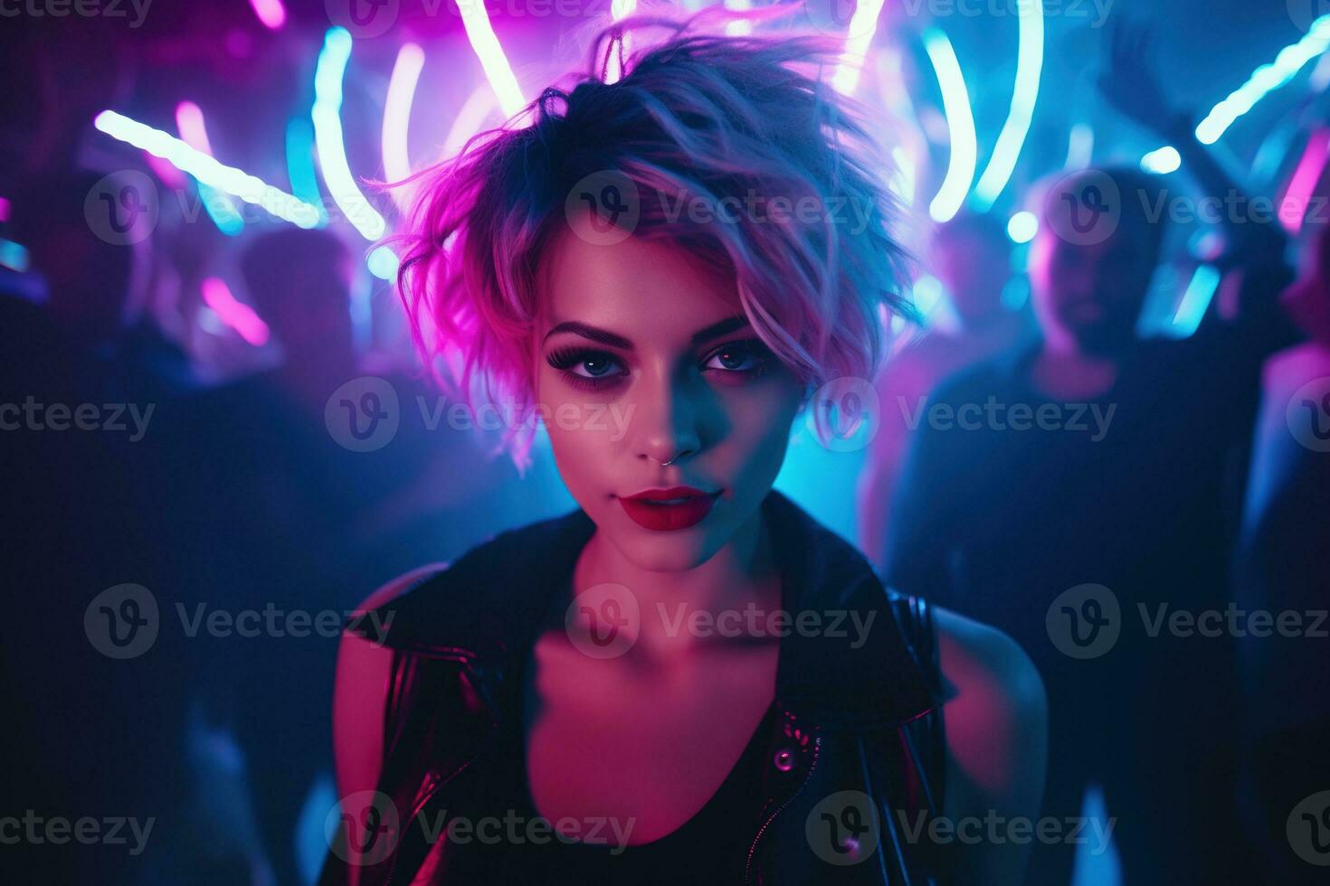 AI generated Portrait of a beautiful girl with short hair dancing in a nightclub photo