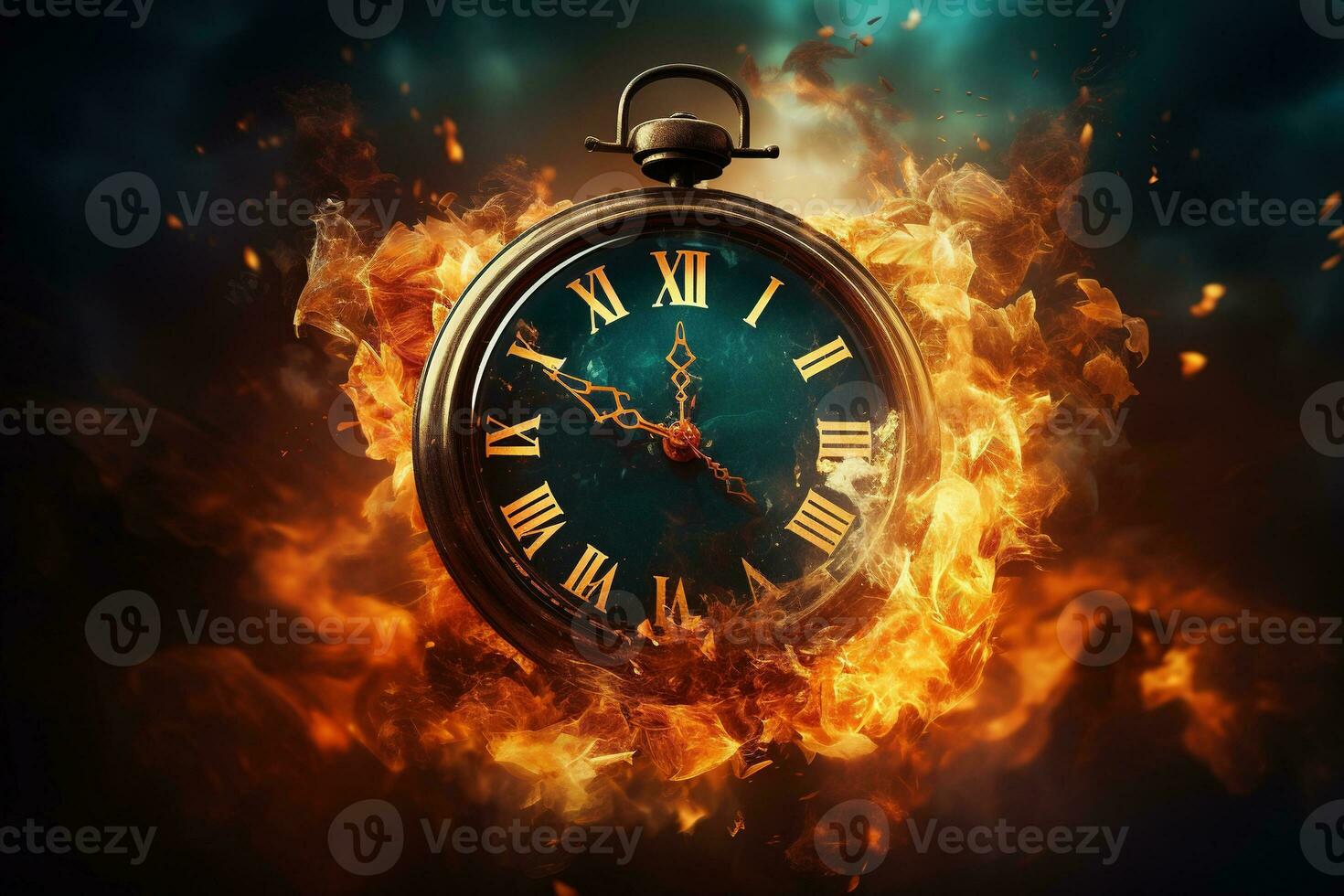 AI generated Alarm clock on fire background. Time is running out concept. photo