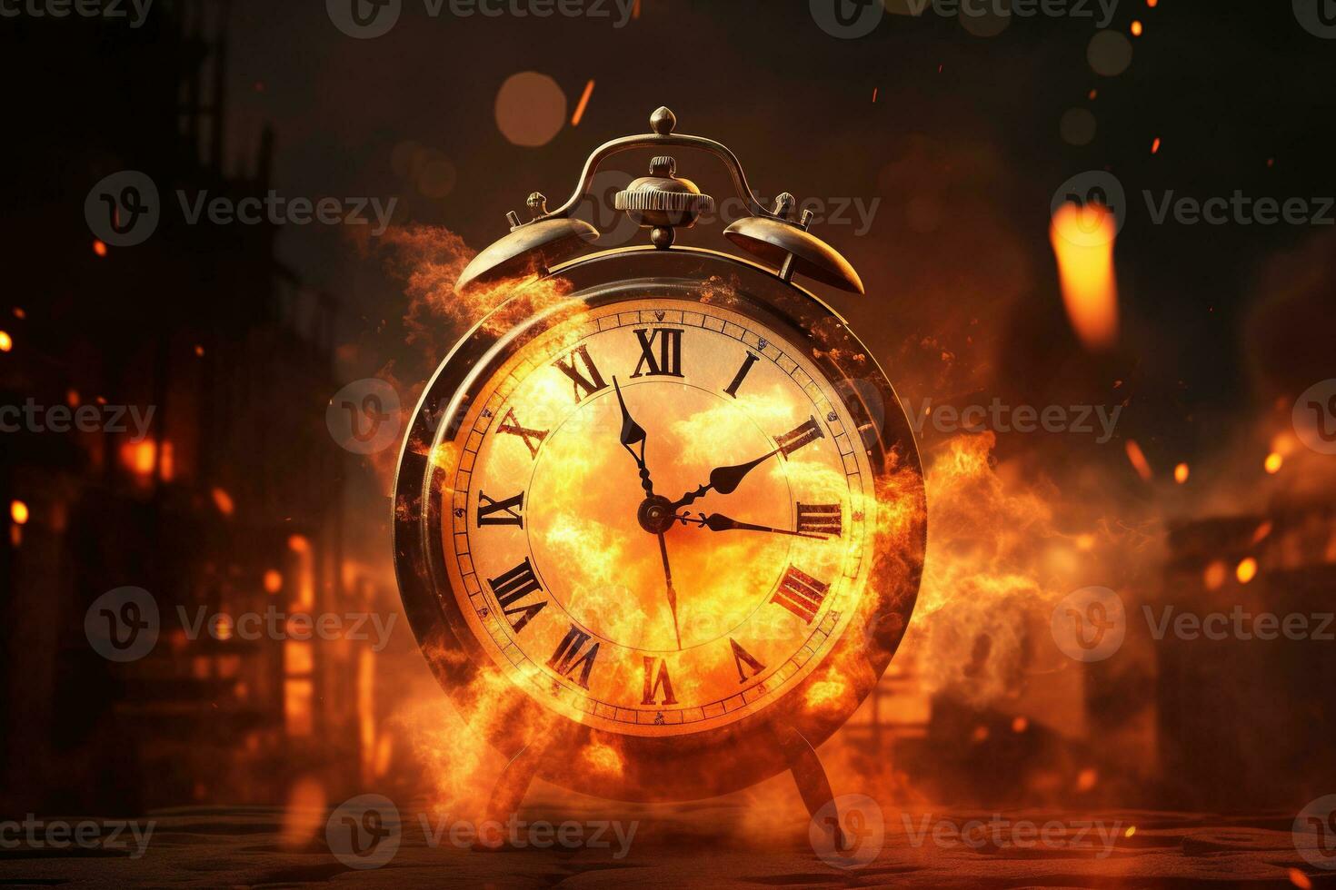 AI generated Alarm clock on fire background. Time is running out concept. photo