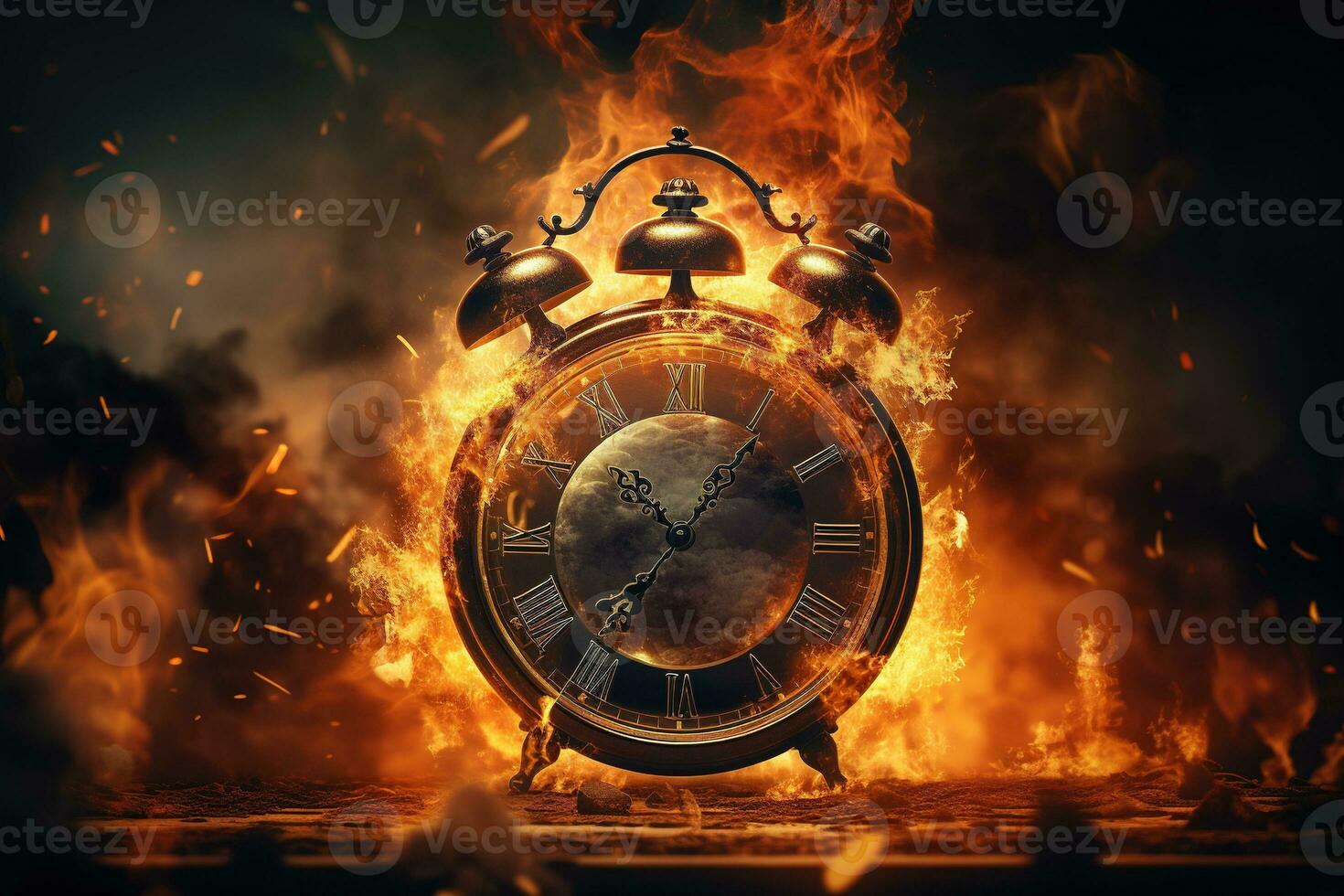 AI generated Alarm clock on fire background. Time is running out concept. photo