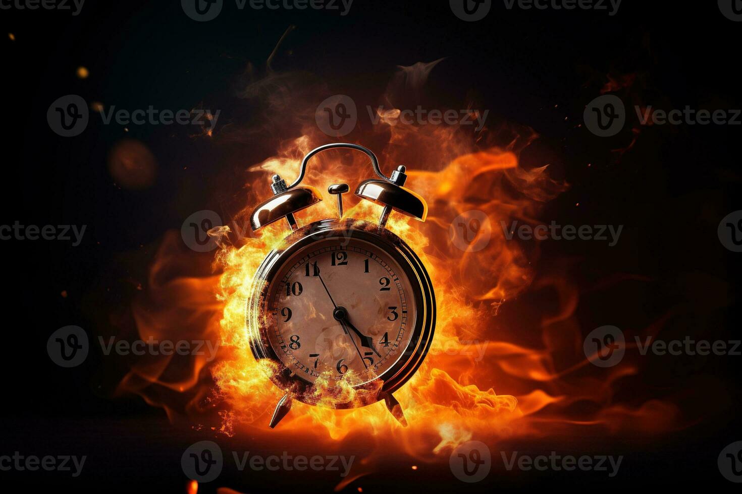 AI generated Alarm clock on fire background. Time is running out concept. photo