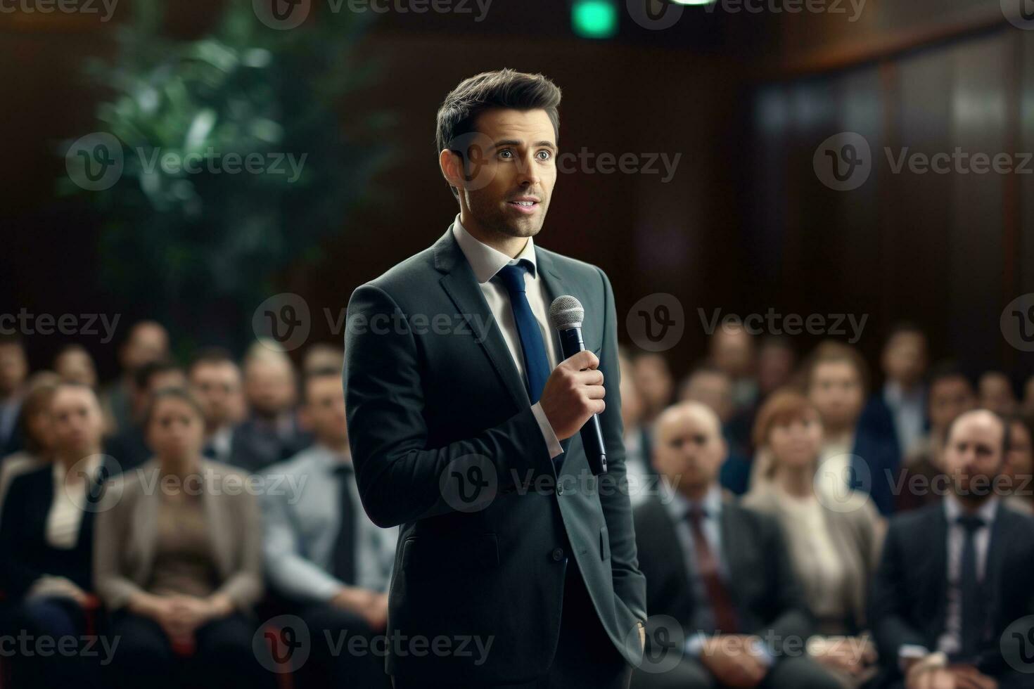 AI generated Speaker Giving a Talk at Business Conference. Audience at the conference hall. Business and Entrepreneurship. photo