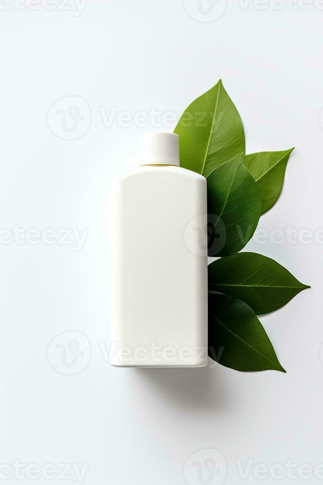 AI generated Blank cosmetic bottle with green leaves on white background photo