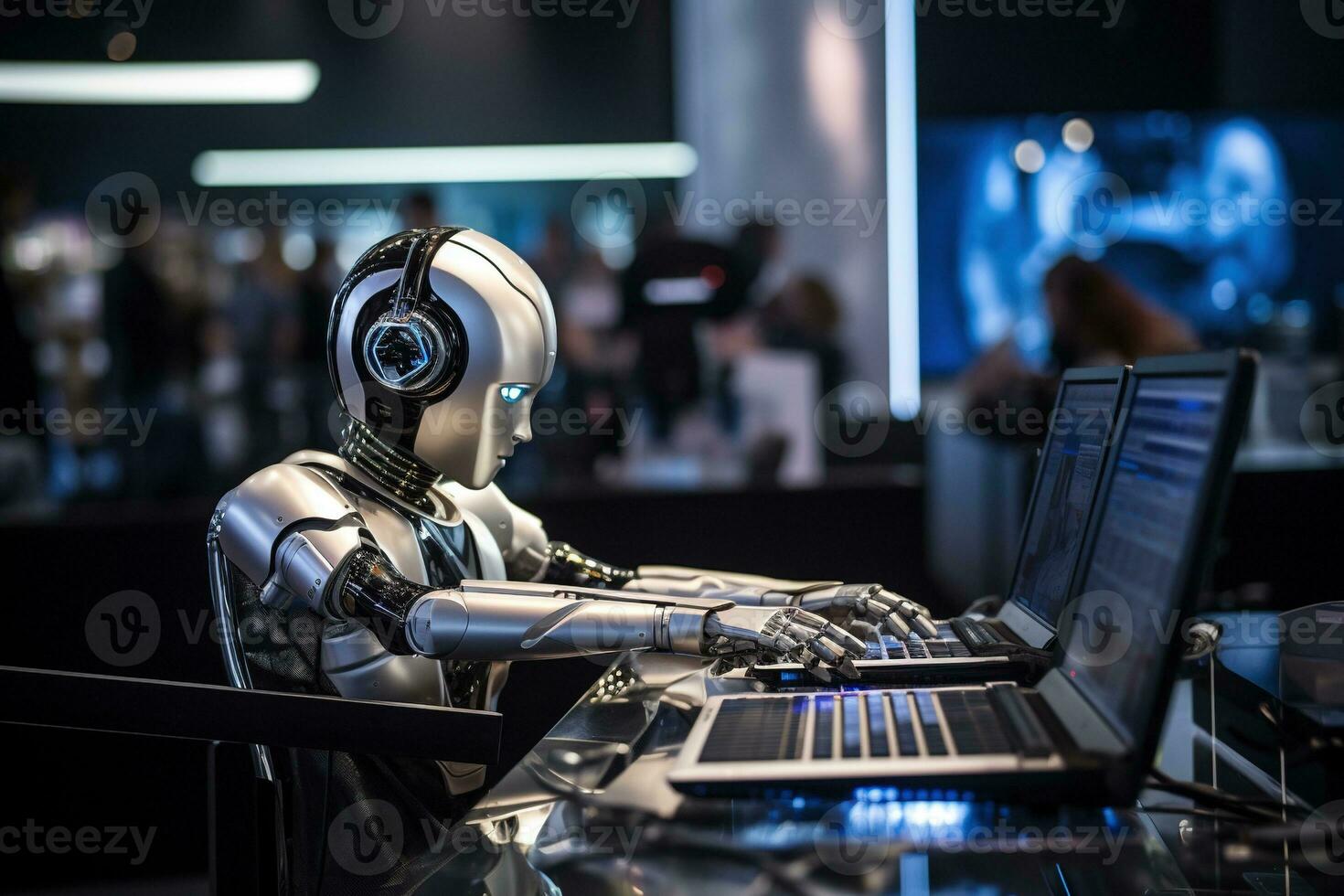 ai generado robot humanoide trabajando en un computadora en un Club nocturno foto