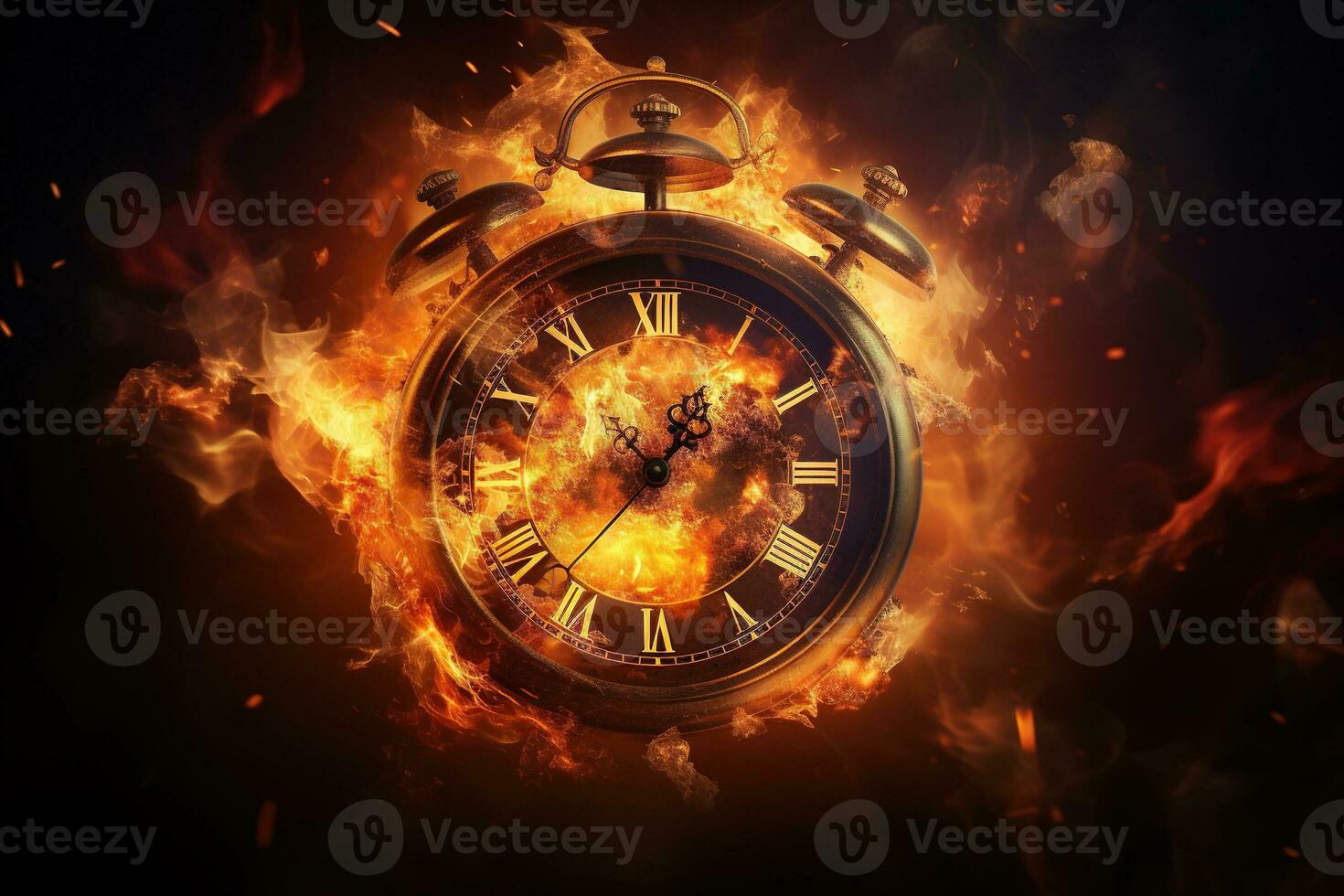 AI generated Alarm clock on fire background. Time is running out concept. photo