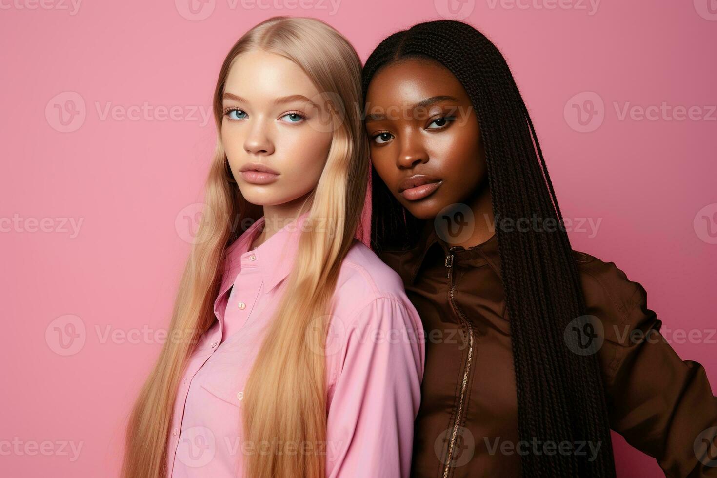 ai generado de moda dos joven multirracial mujer posando juntos aislado en rosado antecedentes foto