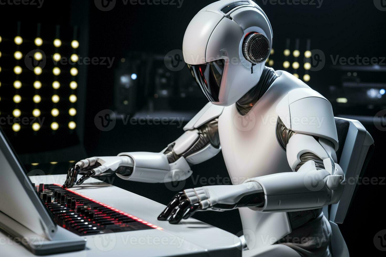 AI generated Robot humanoid working on a computer in a nightclub photo