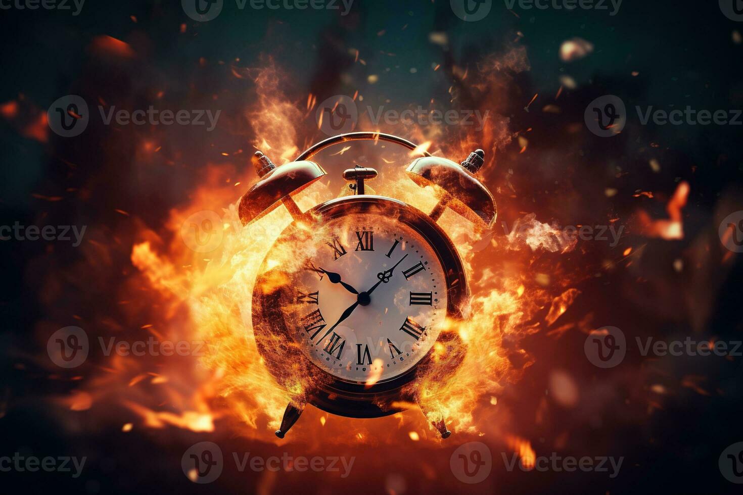 AI generated Alarm clock on fire background. Time is running out concept. photo