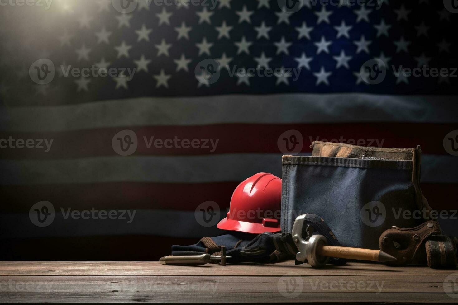 AI generated tools on a wooden table against the background of the American flag photo