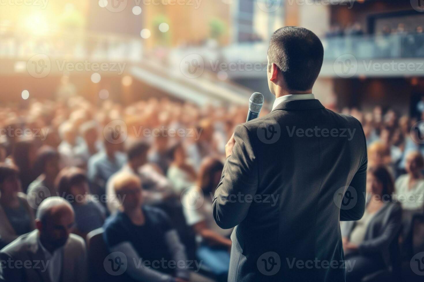AI generated Speaker Giving a Talk at Business Conference. Audience at the conference hall. Business and Entrepreneurship. photo