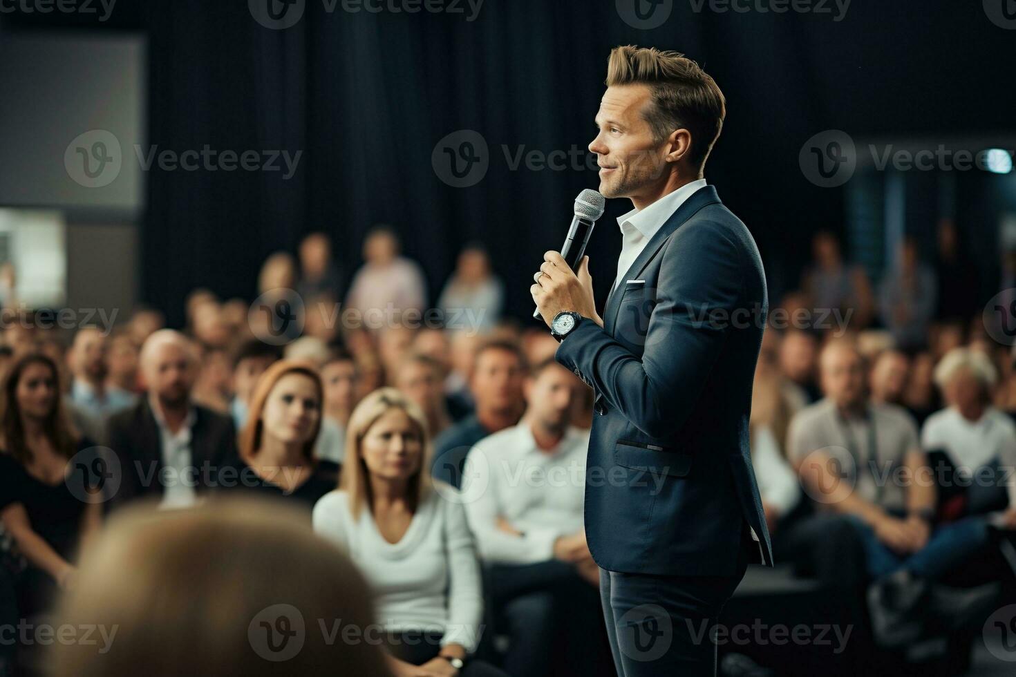AI generated Speaker Giving a Talk at Business Conference. Audience at the conference hall. Business and Entrepreneurship. photo
