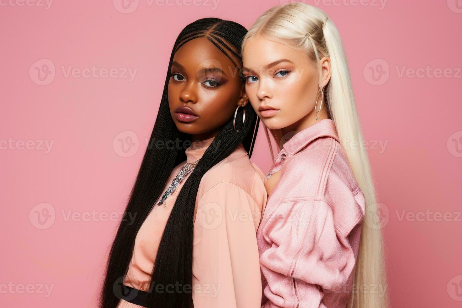 AI generated fashionable Two young multiracial women posing together isolated on pink background photo