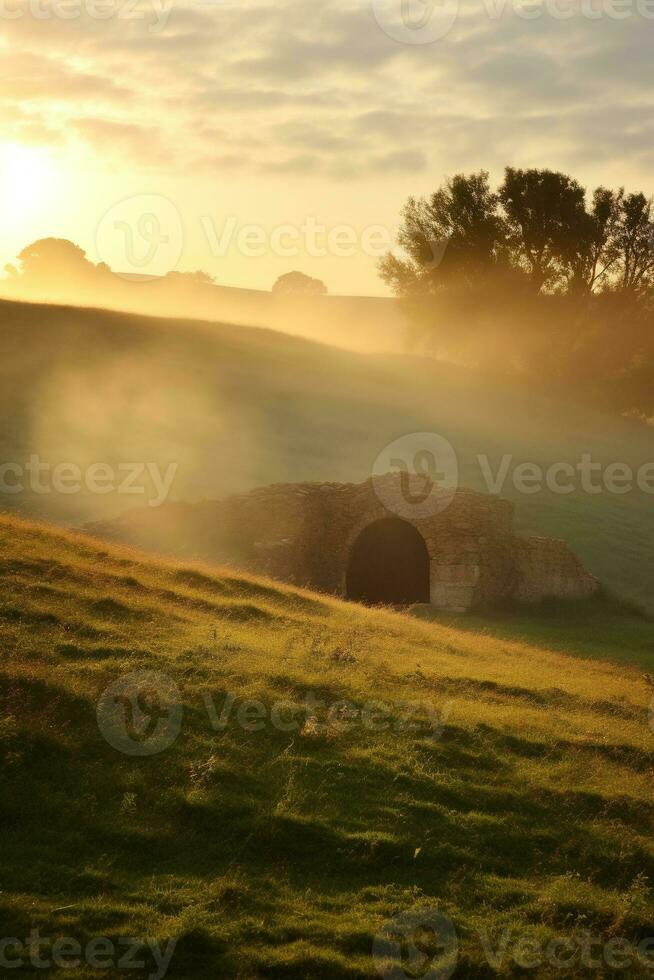 AI generated Sunrise over a megalithic tomb photo