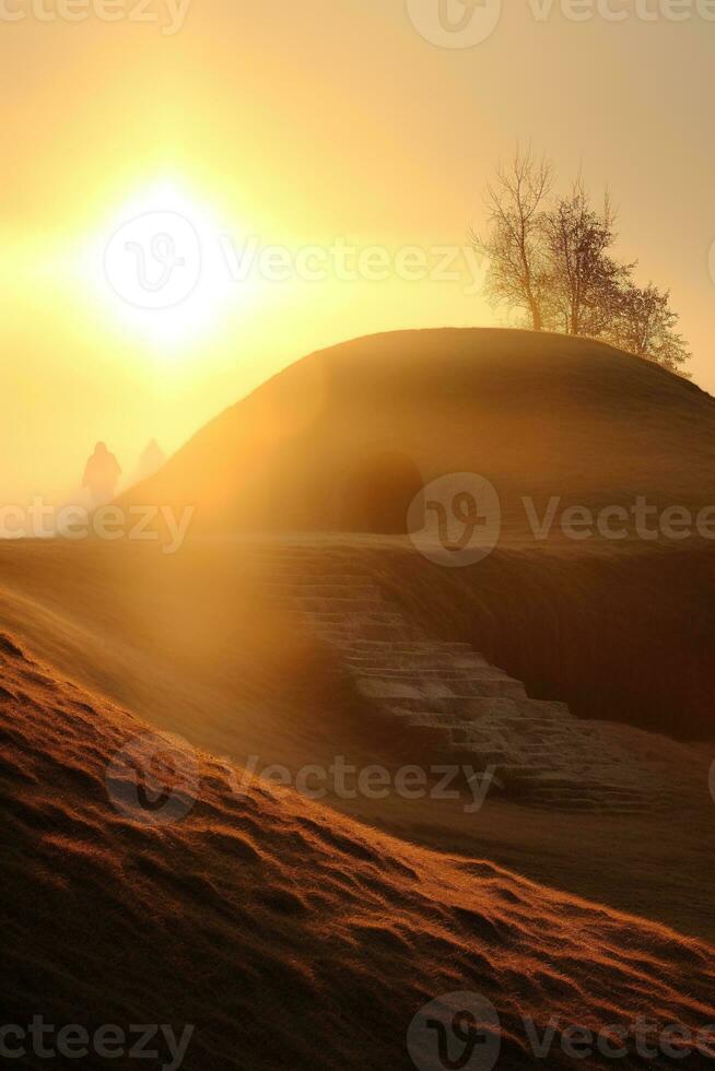 AI generated Sunrise over a megalithic tomb photo