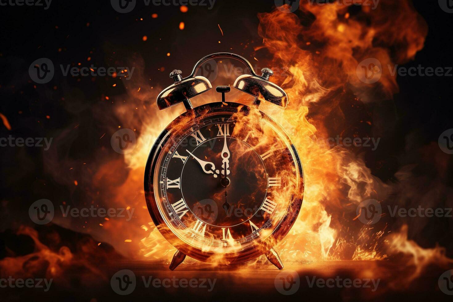 AI generated Alarm clock on fire background. Time is running out concept. photo