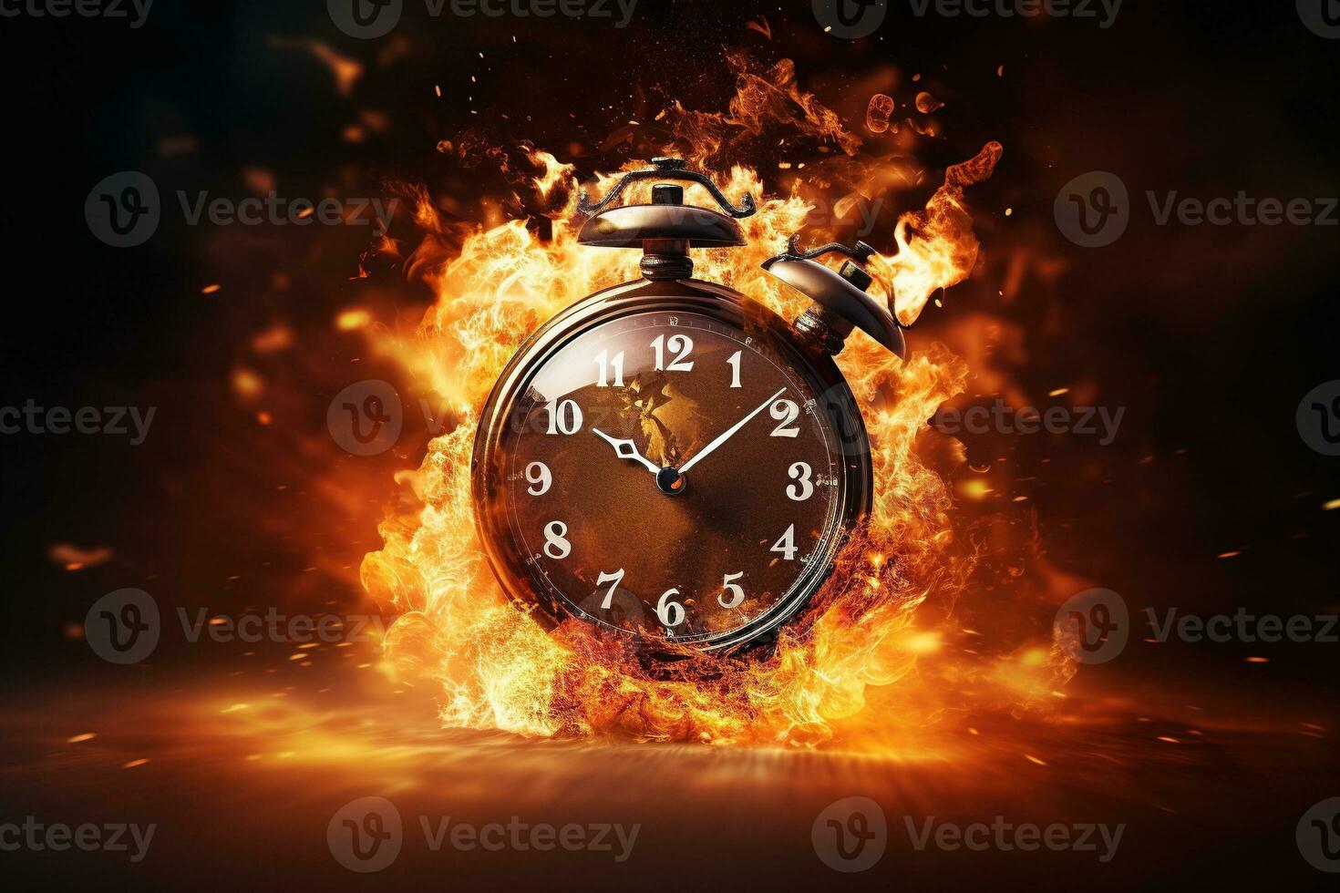 AI generated Alarm clock on fire background. Time is running out concept. photo